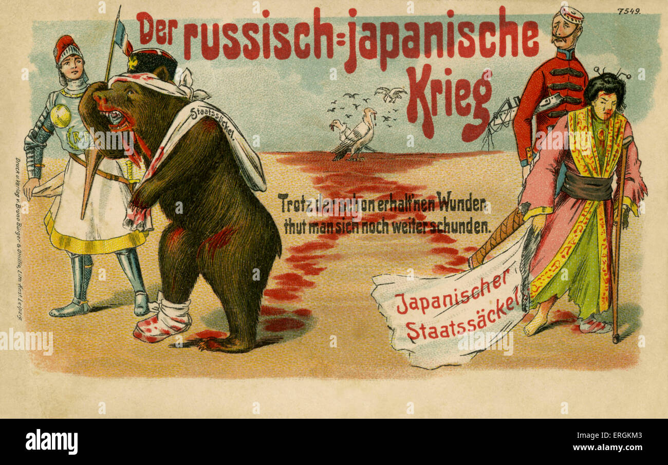 Guerra Russo-giapponese (1904-5). L'orso russo e il ritiro giapponese, brusied, dal campo di battaglia. La didascalia recita: "Trotz der schon erhalfnen Wunden tut man sich noch weiter schunden' (nonostante le ferite già inflitti il conflitto si accende). Foto Stock