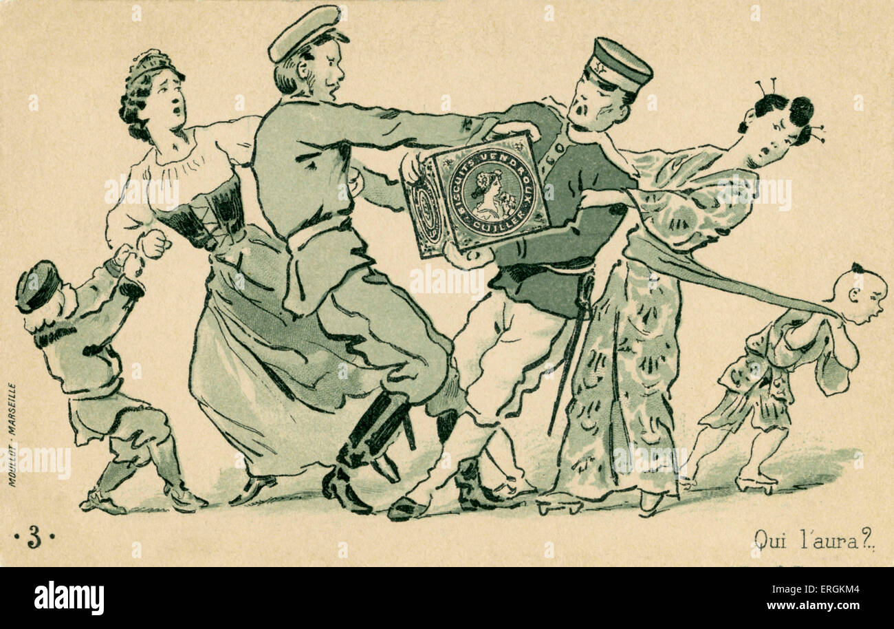 Guerra Russo-giapponese (1904-5). Le figure allegoriche tug in corrispondenza di una scatola di biscotti, in piedi per Port Arthur. La didascalia recita: 'Qui Foto Stock