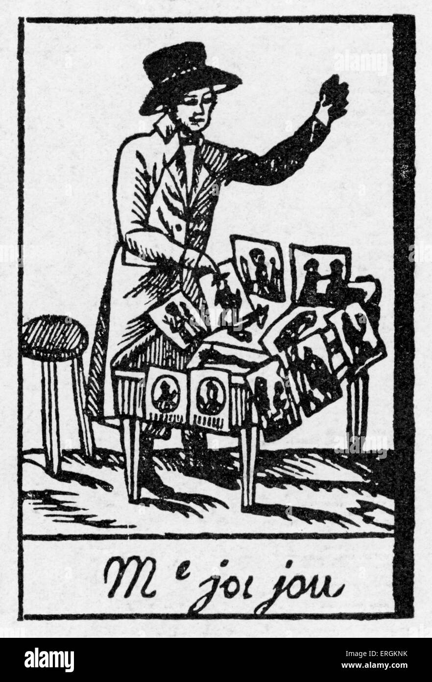 Venditore di stampa - Incisione su legno, c. 1815. Stampato da Martin-Delahaye, Lille, Francia. Foto Stock