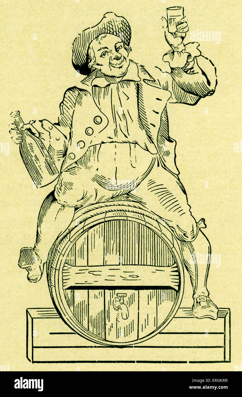 Uomo seduto sulla cima di un barile - Incisione su legno da Jean Frédéric Wentzel, c. 1850 (incisore e stampante, 1807 - 1869). In base a Wissembourg. Foto Stock Uomo seduto sulla cima di un barile - Incisione su legno da Jean Frédéric Wentzel, c. 1850 (incisore e stampante, 1807 - 1869). In base a Wissembourg. Foto Stock