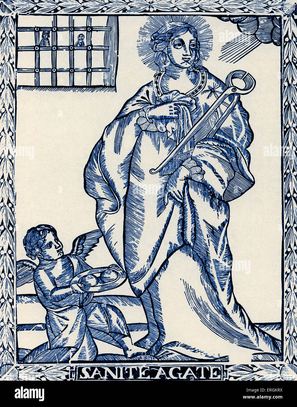 Sant Agata - Incisione su legno. Incisione del XVIII secolo con telaio dal Primo Impero Francese (1804-1814). Scoperto a Luxeuil. Foto Stock