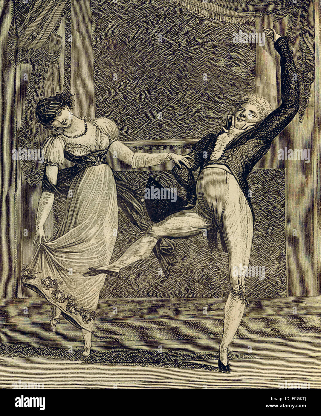 La Manie de la Danse - dettaglio dopo incisione da Philibert Louis Debucourt, 1809. Pubblicato a Parigi. Che mostra una coppia danzante Foto Stock