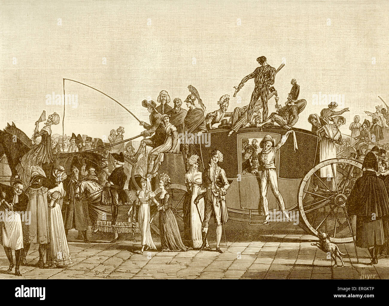 Il carnevale (Le Carnaval) - Dopo incisione da Philibert Louis Debucourt, 1810. Arlecchino figura è salito sulla parte superiore di un carrello. Foto Stock