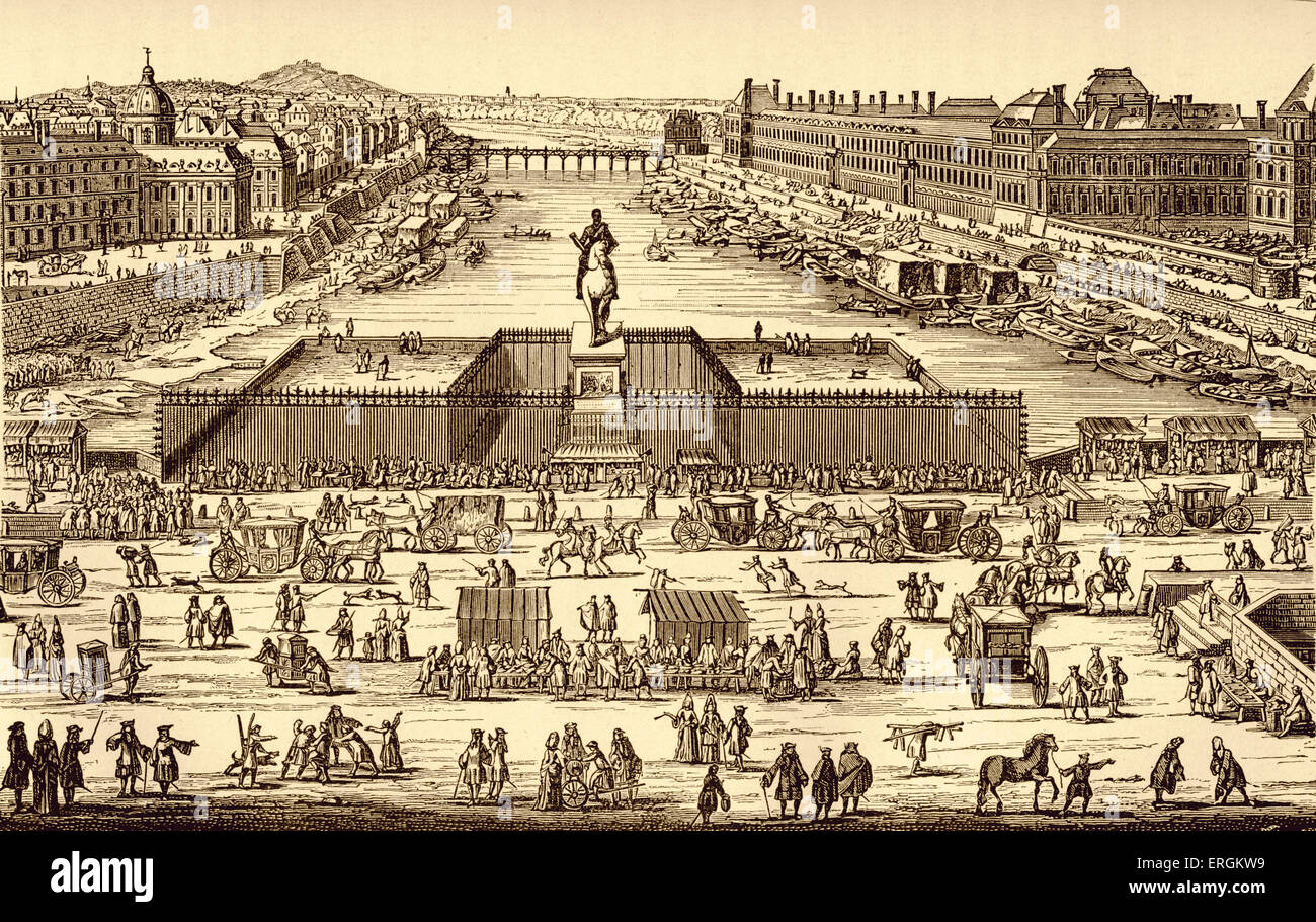 Vista del Pont Neuf in 1702, Parigi. Mostra gli animatori e cantanti di lamenti sapere come 'les pont-neufs'. Da incisione. Ponte Foto Stock