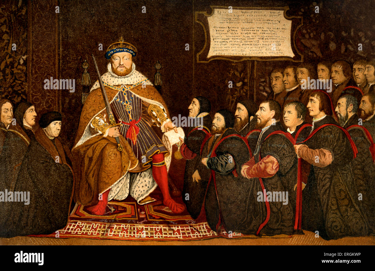 Il re Enrico VIII (28 giugno 1491 - 28 gennaio 1547). Visto nella creazione del barbiere chirurghi Guild nel 1540. Illustrazione dopo Foto Stock