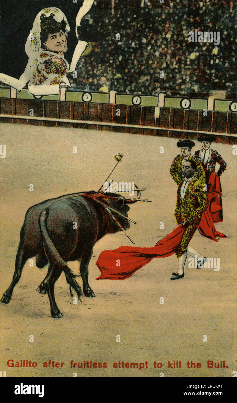 José Ortega (1895-1920) e toro. Meglio conosciuta come Joselito, Gallito o Gomez, José Ortega è stato il più giovane torero per essere insignita del titolo di Matador, nel 1912. La didascalia recita: 'Gallito dopo l'infruttuoso tentativo di uccidere il toro". Foto Stock
