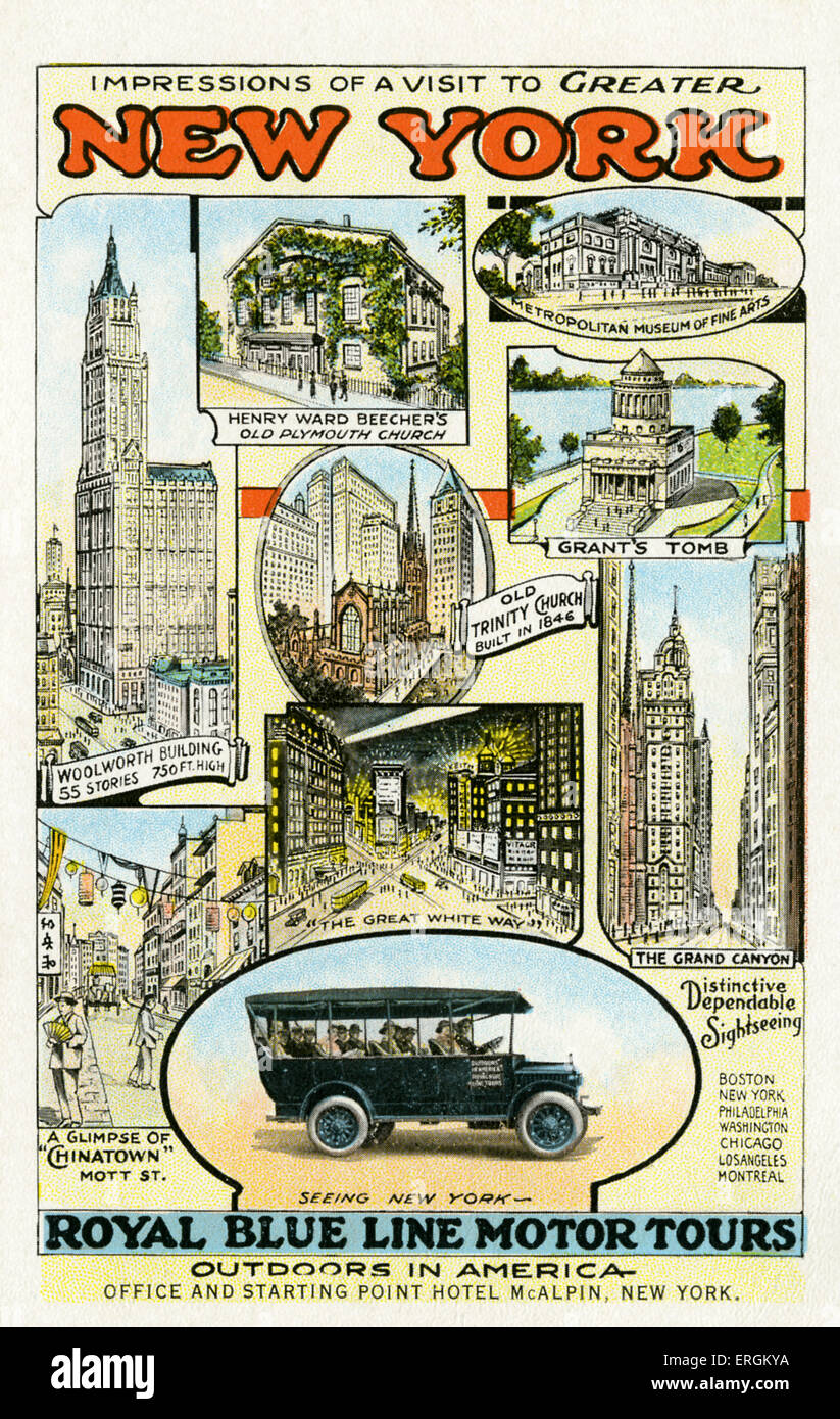 Royal Blue Line Tours motore, New York. Annuncio contiene immagini di Woolworth Building (in alto a sinistra); Vecchia chiesa Plymouth Foto Stock
