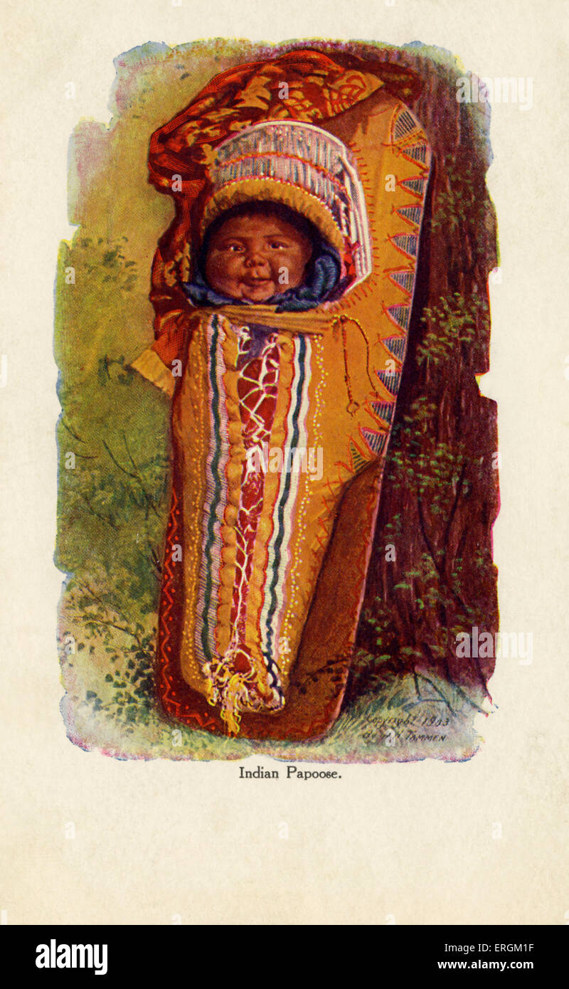 Native American bambino nella culla bordo, talvolta indicato come un Papoose, dopo una illustrazione da H.H. Tommen, 1903. Foto Stock