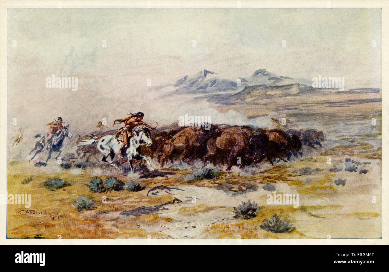 Il Buffalo Hunt da Charles Marion Russell. Due Nativi Americani mandria a stampede di buffalo a cavallo. Foto Stock