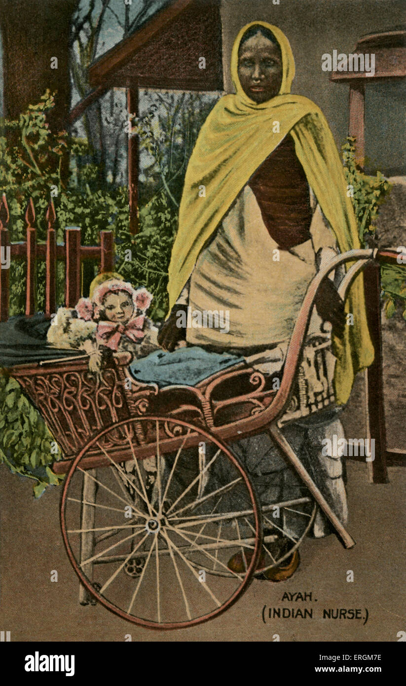 Ayah - un Indiano infermiere: illustrazione dal British Raj, risalente agli inizi del XX secolo. Wheeling white British baby nella PRAM. Foto Stock