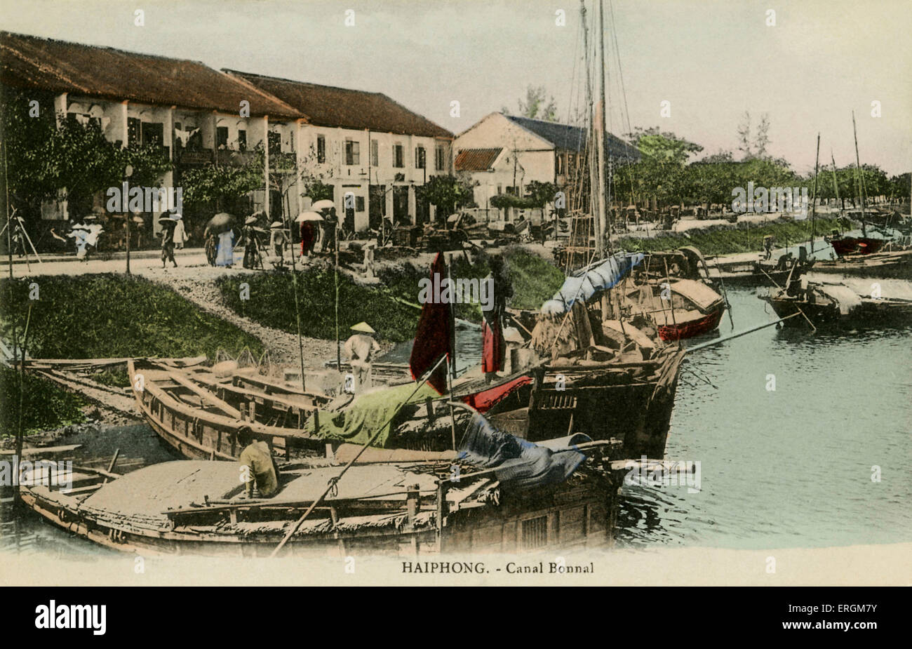 Bonnal canal, Haiphong nel Vietnam del nord. Cartolina di fotografia oscurata, nei primi anni del XX secolo. Foto Stock