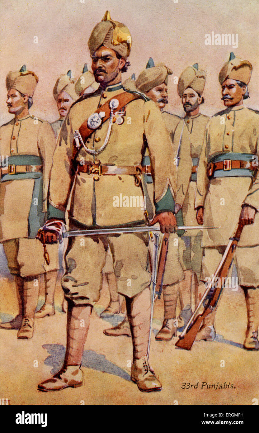 Reggimento della trentatreesima Punjabis. Illustrazione dal 'i nostri eserciti indiano' serie, nei primi anni del XX secolo. Dopo la seconda Anglo guerra Sikh (1848-9), Sikh le forze sono state incorporate nel British led esercito indiano, e sono stati molto importanti nella soppressione della ribellione indiana del 1857). Foto Stock