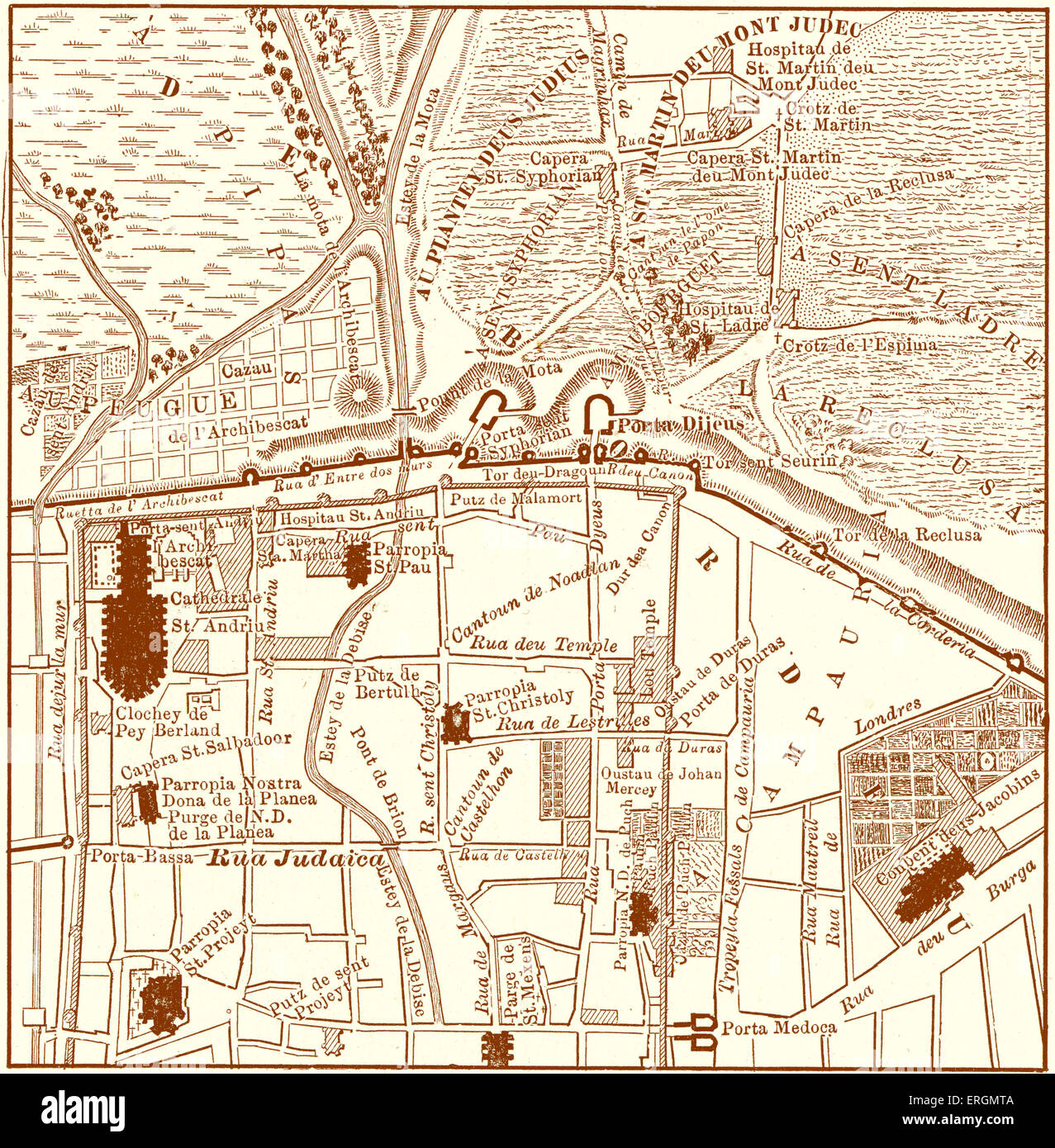 A nord-ovest di Bordeaux, c. 1450. Questa mappa mostra la "Rua Judaica' e il quartiere ebraico oltre le mura della città. Foto Stock