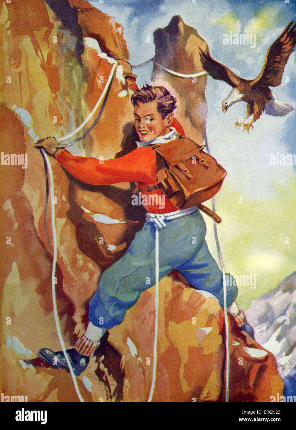 Un giovane montagna alpinista, indossando le funi e Stivali di arrampicata. C. 1938. Artista non conosciuto dal Wonder libro serie. Foto Stock