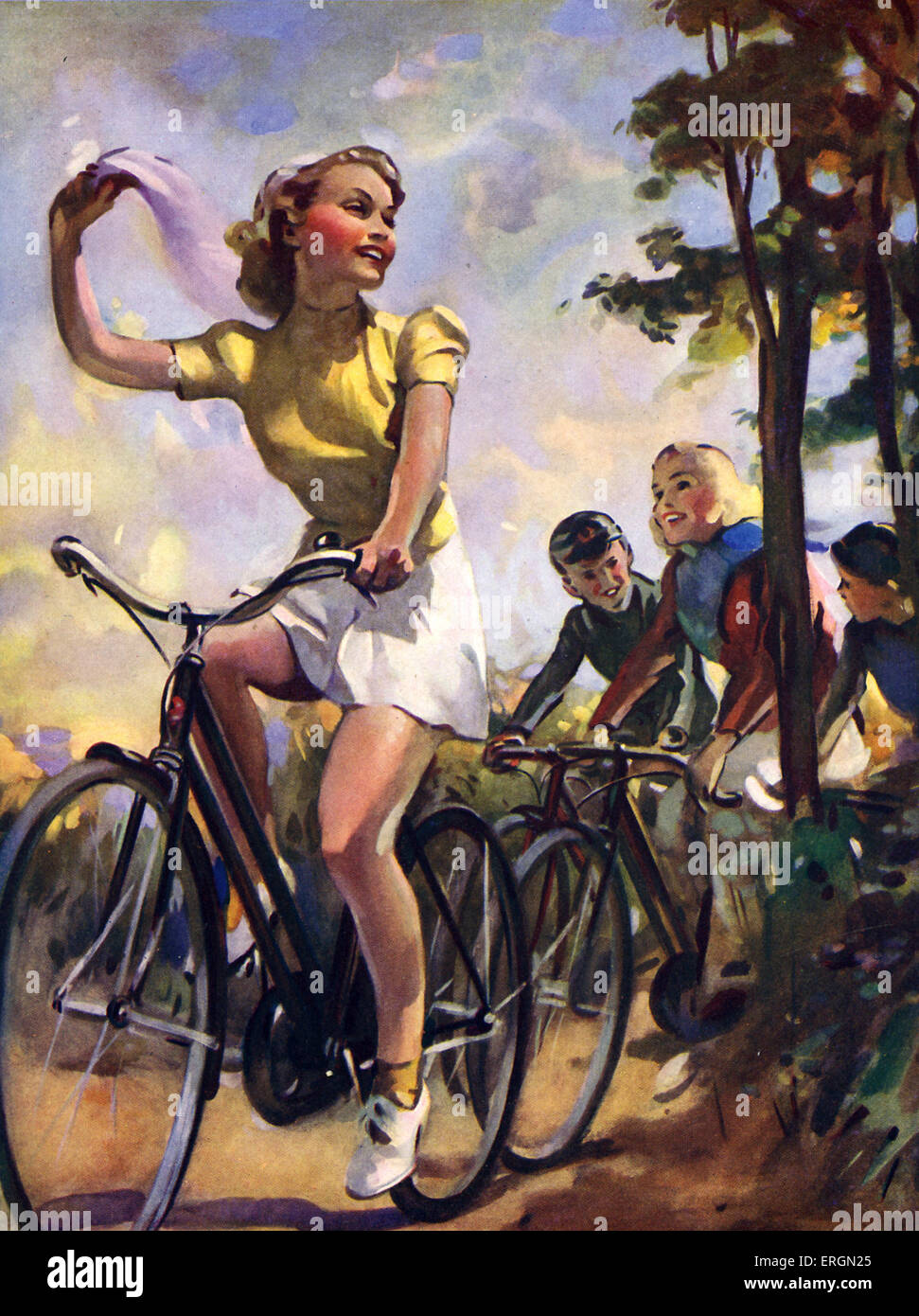 Giovani ciclisti in campagna. C. 1938. Artista non conosciuto dal Wonder libro serie. Foto Stock