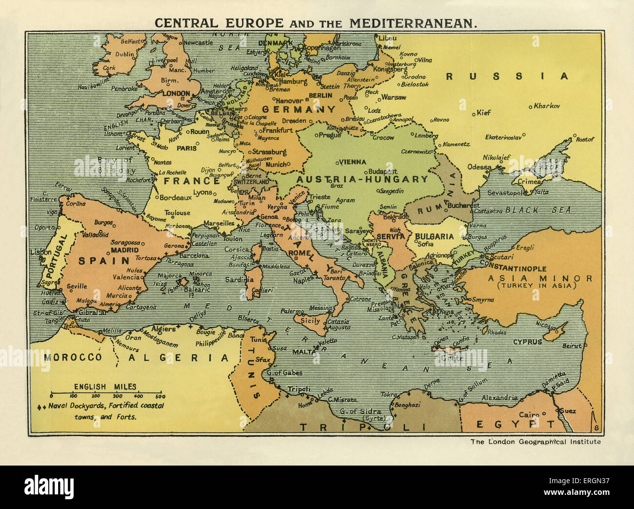 WWIl Mappa di Europa centrale e del Mediterraneo 1914 al momento della battaglia della Marna Foto Stock