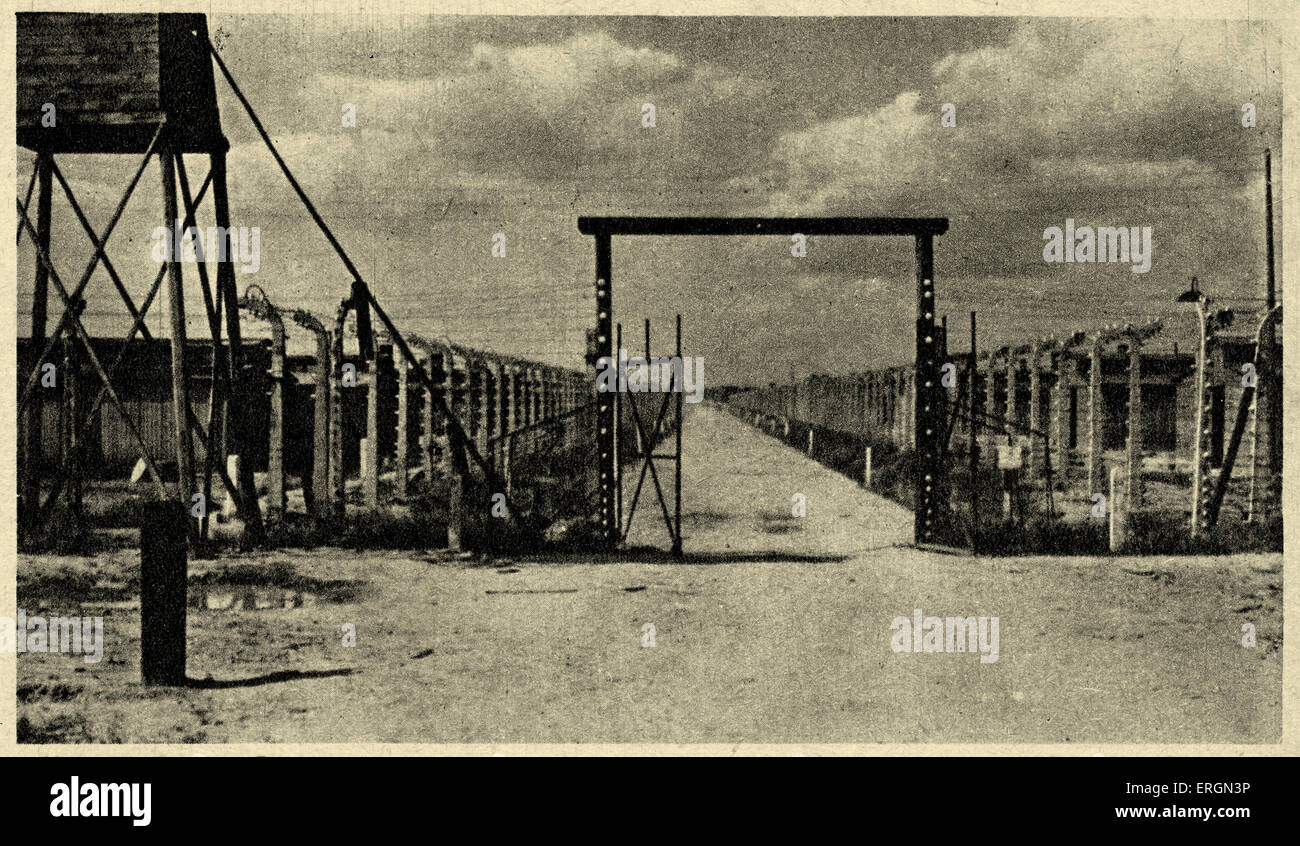 Campo di concentramento di Auschwitz - vista della via di mezzo di Birkenau / Brzezinka. Circondata da filo spinato recinzioni.. Fonte: Foto Stock