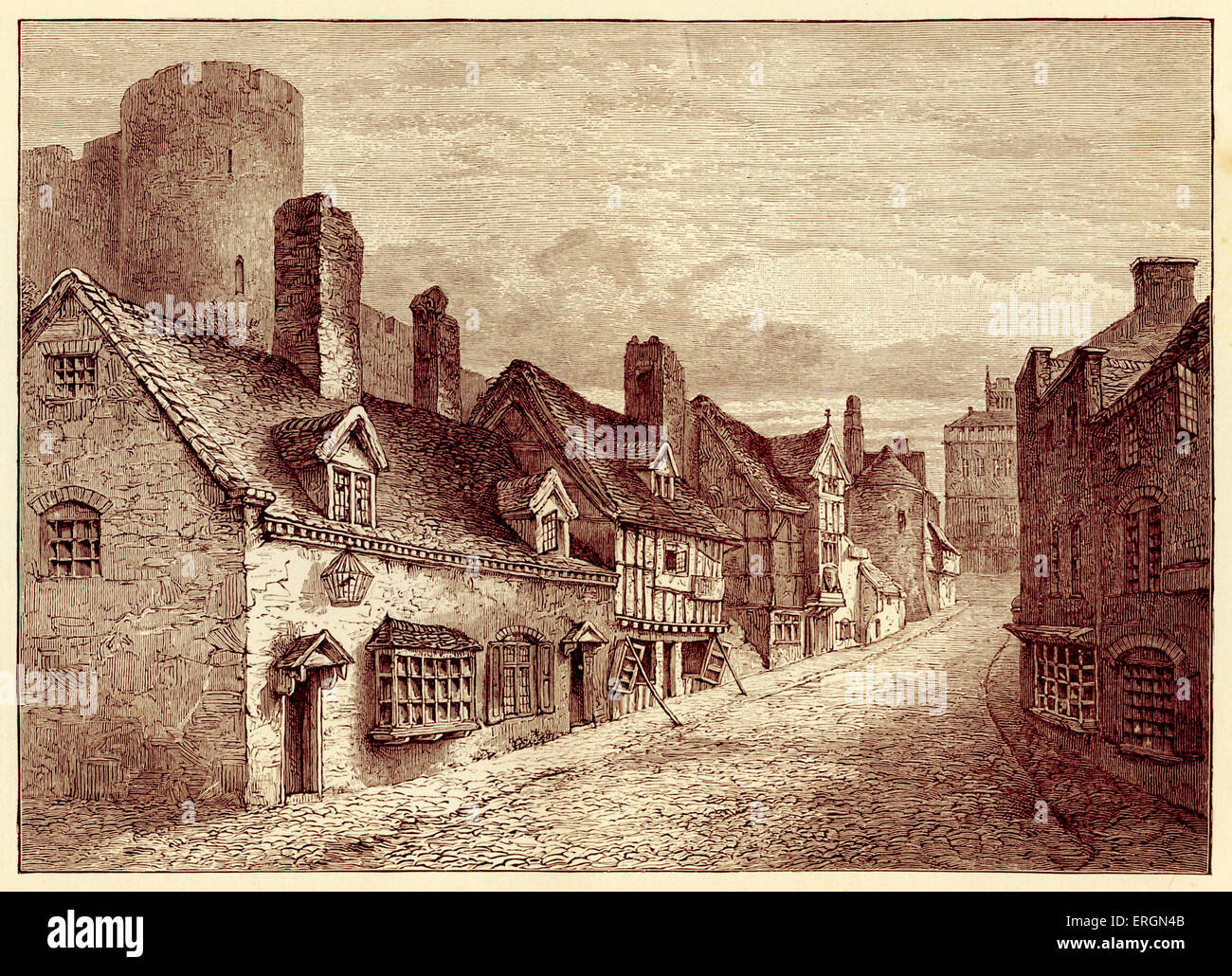 La porta del castello, Shrewsbury, al tempo della Battaglia di Shrewsbury. La battaglia di Shrewsbury è stata combattuta tra Enrico IV e Henry Percy di Northumberland, ed è rappresentato nella commedia di Shakespeare Enrico IV. Foto Stock