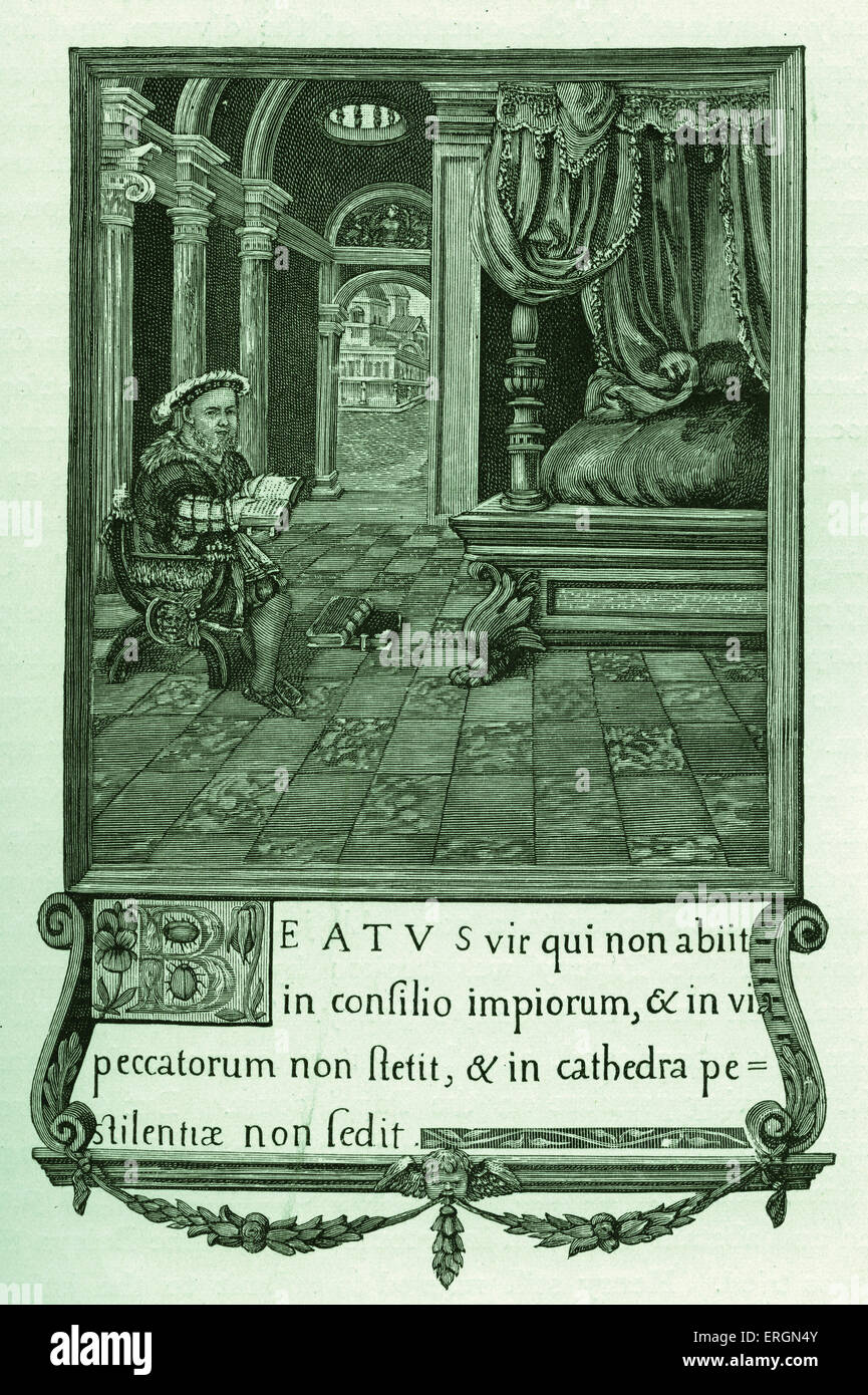 Henry VIII (1491-1547) lettura nella sua bedchamber. Il suo letto è presentato in modo preminente a destra e al di fuori di una porta aperta conduce Foto Stock