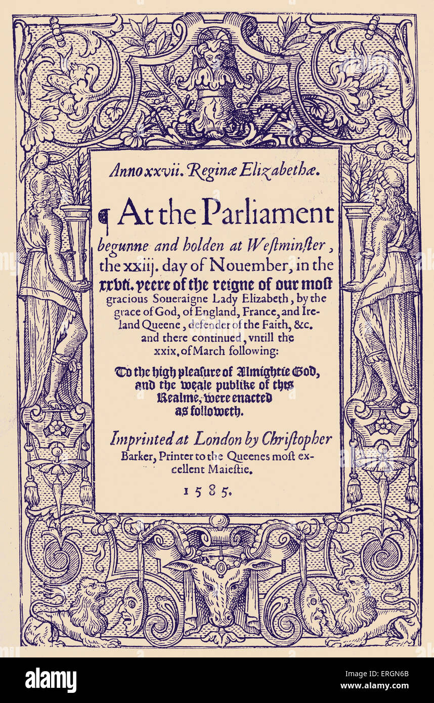 Titolo pagina per atti del Parlamento, 1598. Stampato in Londra da Christopher Barker. Foto Stock