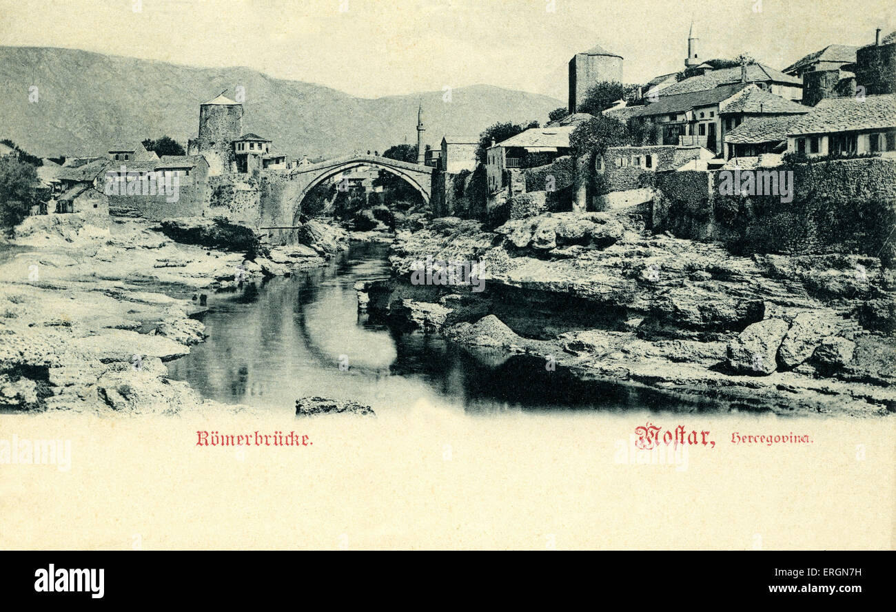Mostar Ponte Vecchio (Stari Most) - Cartolina dai primi 1900s. Mostar è situato sulle rive del Neretva, in Bosnia e in Foto Stock