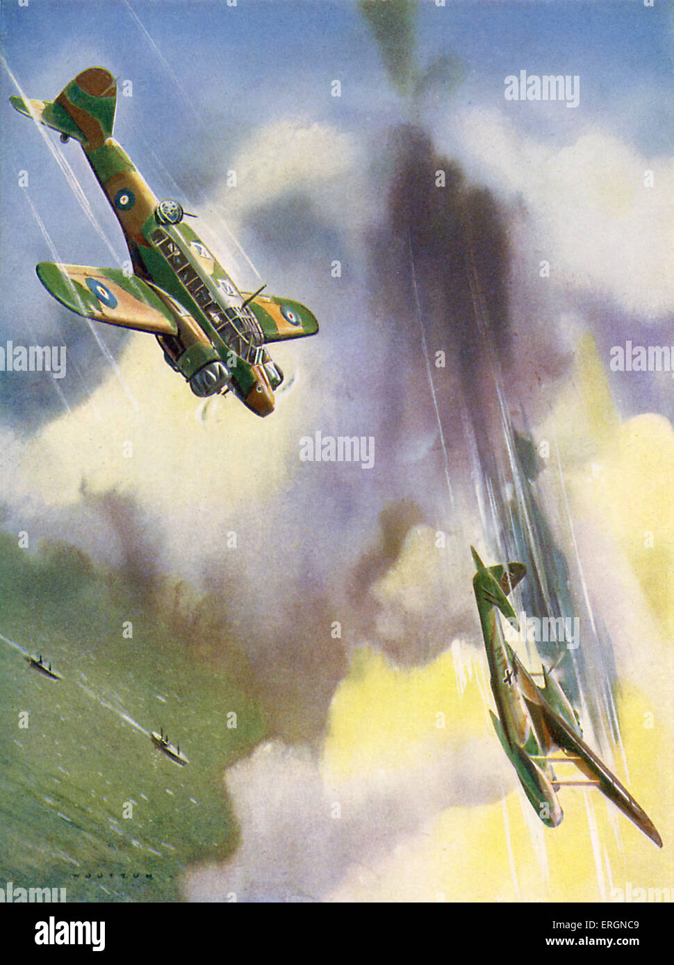 WW2 - battaglie aeree tra RAF e Luftwaffe. Le didascalie si legge: 'Un Avro-Anson del comando costiero distrugge un Dornier'. Foto Stock