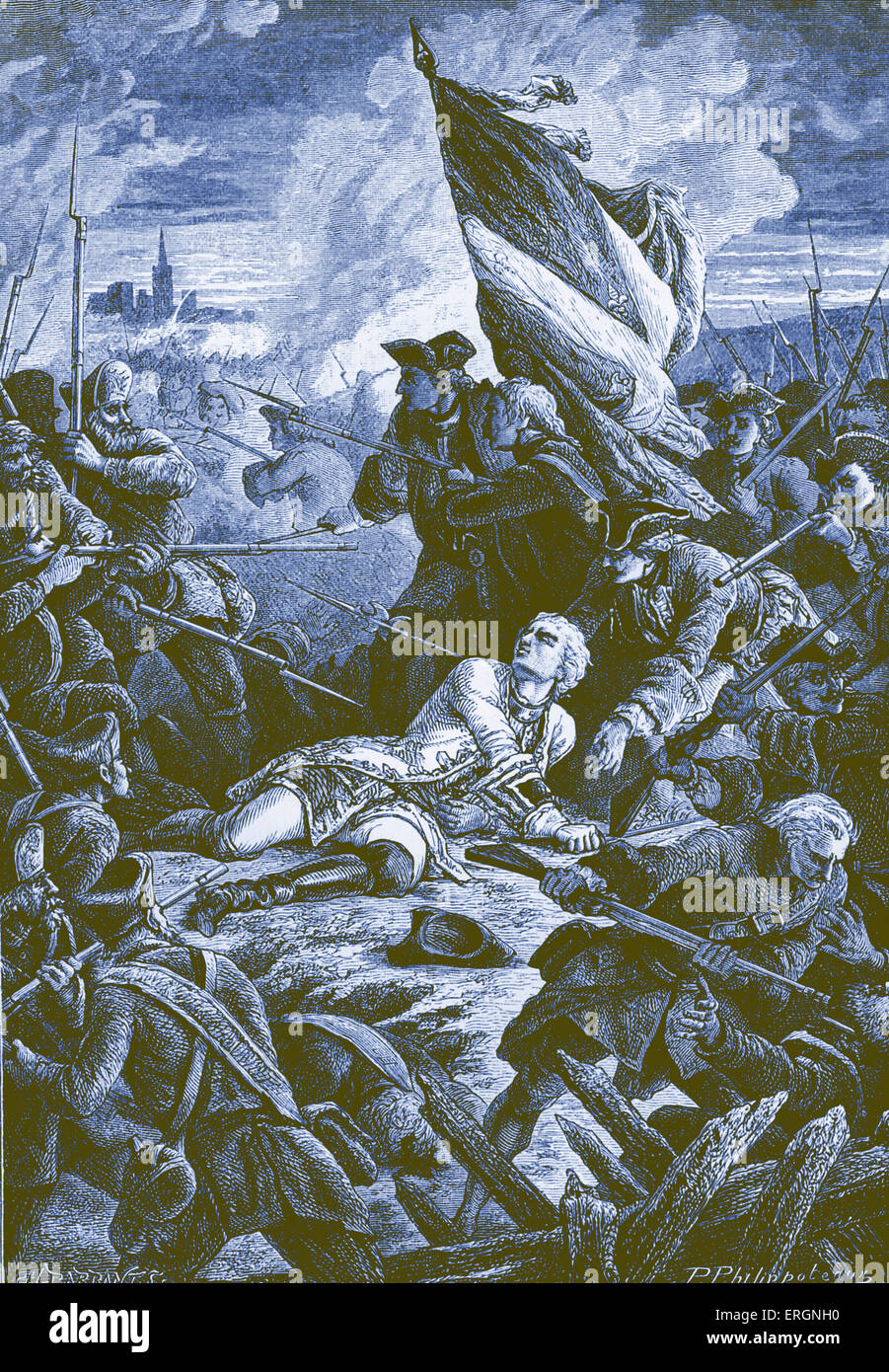 La morte di Louis Robert Hippolyte de Bréhan, Conte di Plélo, Ambasciatore francese a Copenhagen, mentre attacca il nemico russo Foto Stock