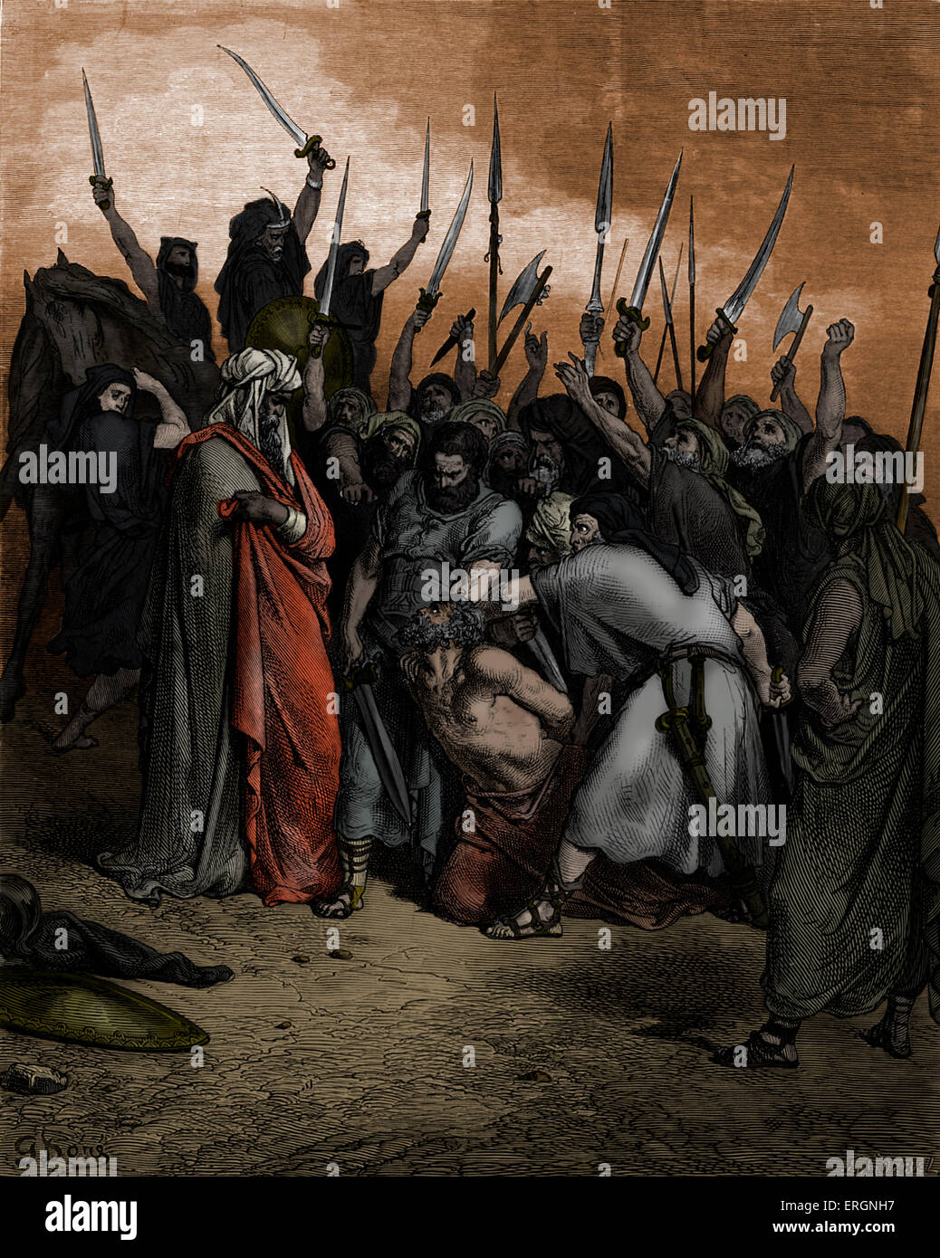 Morte di Agag / "una morte de Agag,'incisione di Gustave Doré (1832 - 1883). Saul ha Agag uccisi a Ghilgal. Incisione di Goebel. Foto Stock