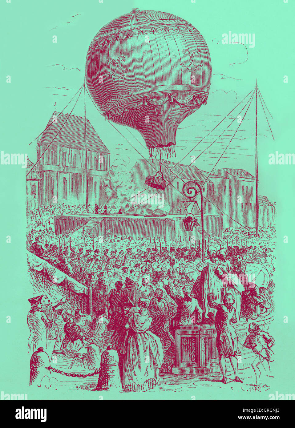 La storia della Francia: salita di un Montgolfier mongolfiera. La folla stupita al tecnico / progresso scientifico nel XVIII secolo Foto Stock
