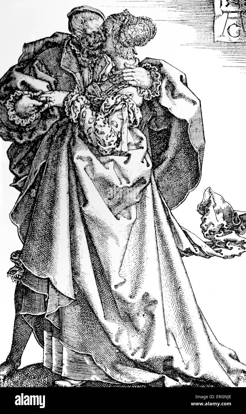 Danze di coppia, 1538 incisione di pittore tedesco Heinrich Aldegrever o Aldegraf, dal set di grandi danzatori di nozze.(parte del gruppo di tedesco printmakers chiamato Little Masters (Kleinmeister). 1502-1558) Foto Stock