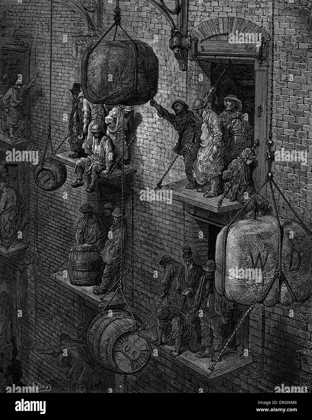 Warehousing in città. Incisione di Gustave Doré, da 'London, un pellegrinaggio, da Gustave Doré e Blanchard Jerrold', 1872. Foto Stock