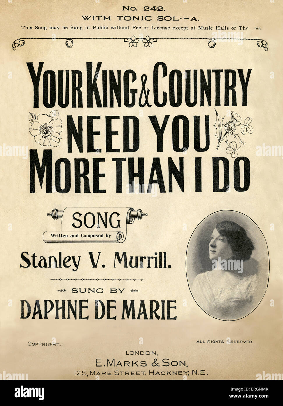 Il re e il paese hanno bisogno di te più di quello che faccio, canzone scritta e composta da Stanley V Murrill, cantata da Daphne de Marie. Cliente Foto Stock