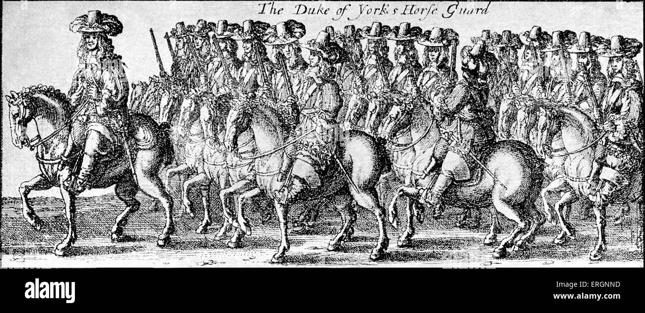 Il Duca di York 's Horse Guards presso la processione solenne incoronazione di Carlo II nel 1661. Giacomo II , Duca di York e ultimo Roman Foto Stock