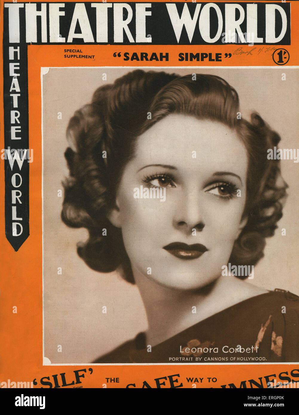 Leonora Corbett in 'Sarah' semplice da A.A.Milne. Teatro copertura mondiale Luglio 1937.ritratto nell'interno della copertura accreditati ai cannoni di Foto Stock