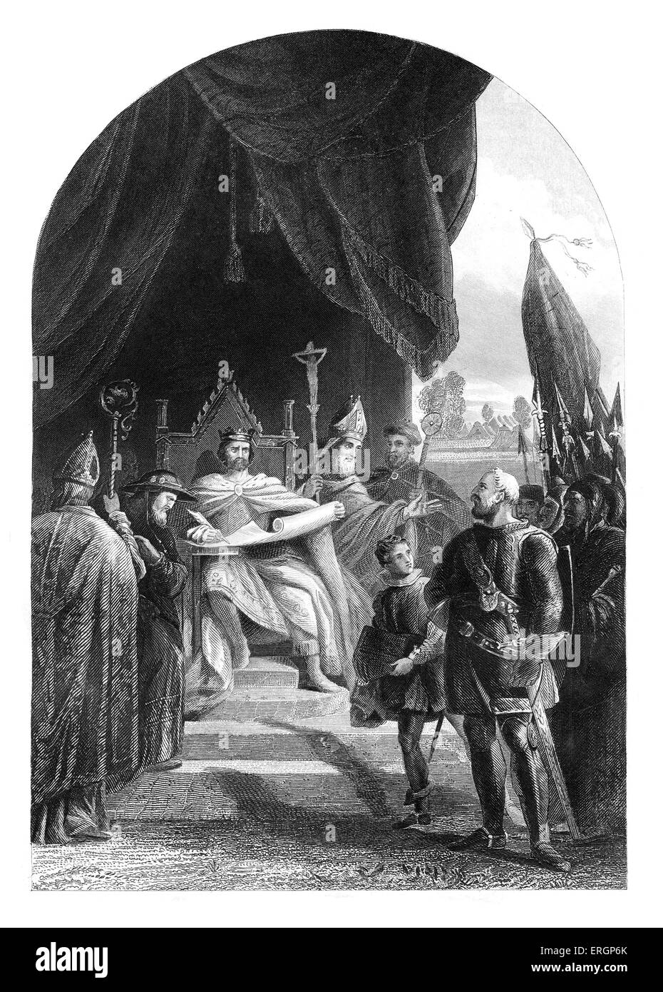 La firma della Magna Carta o la grande Carta delle libertà d'Inghilterra. Il re Giovanni firma la Magna Carta a Runnymede vicino Foto Stock