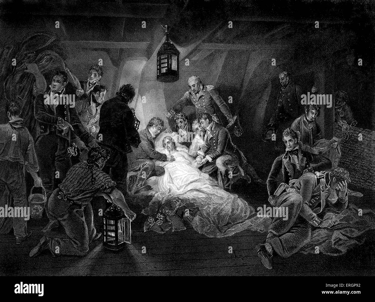 La morte di Horatio Nelson, 21 ottobre 1805. Dopo incisione dipinto di A.W. Devis. Raffigura la morte di Horatio Nelson al di sotto dei ponti sulla sua nave ammiraglia HMS Victory durante la Battaglia di Trafalgar. Foto Stock