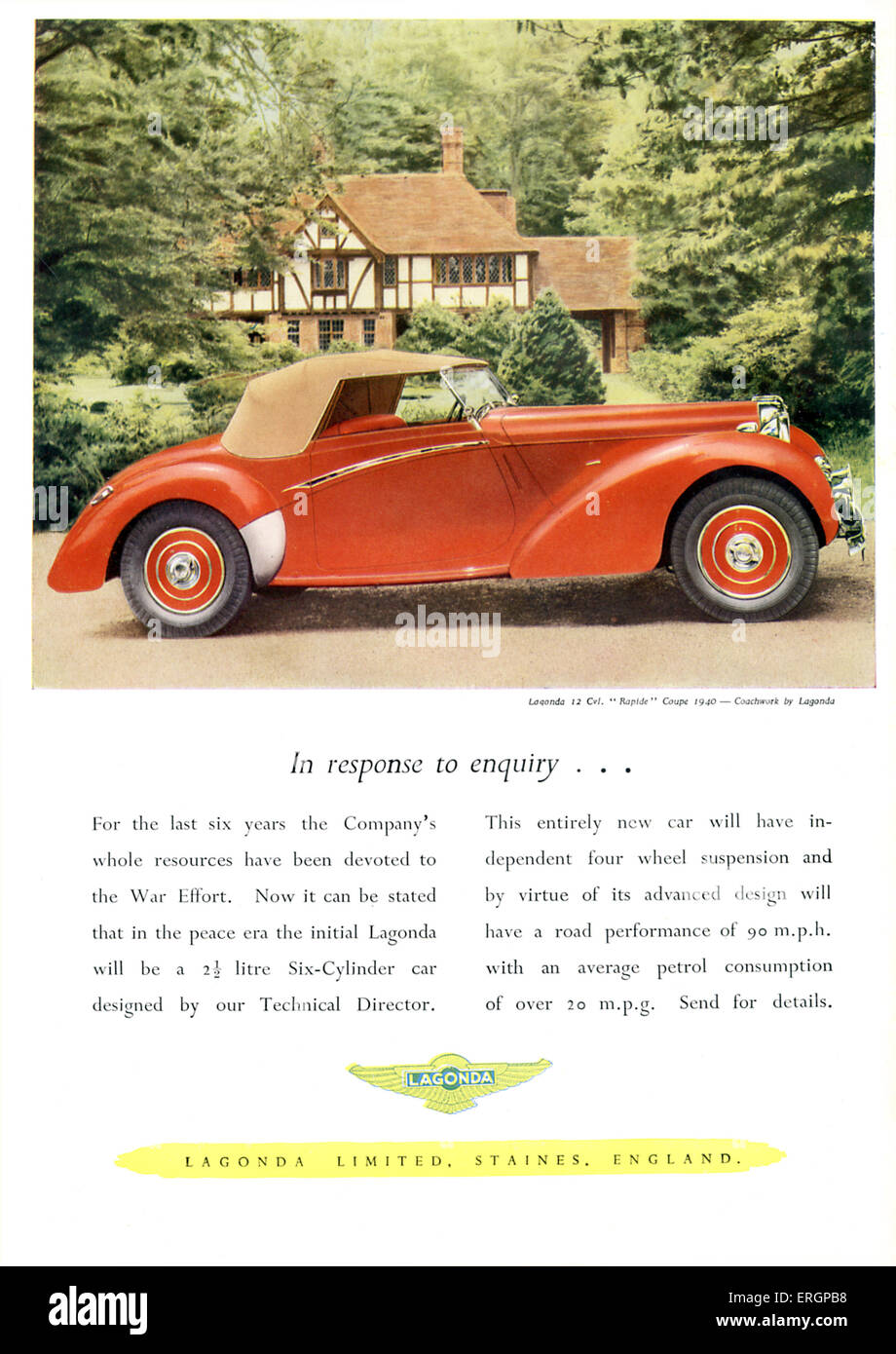 Negli anni quaranta auto annuncio pubblicitario per la Lagonda limitata. Soft top Lagonda 12 Cvl. 'Rapide' Coupe. British motoring. Foto Stock