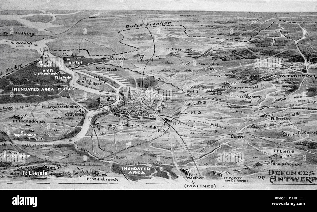 Difese di Anversa. Mappa indicante le aree sommersi dalla belga le forze per la difesa della città. Foto Stock