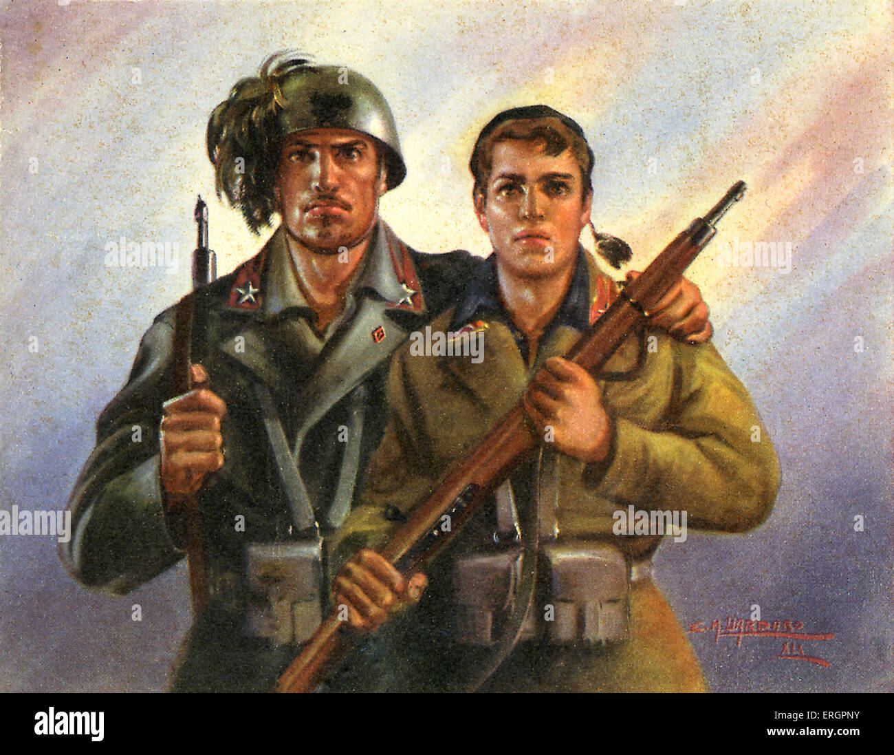 Giovani Fascisti / Giovani Fascisti, illustrazione di propaganda. La 136Divisione di Fanteria Giovani Fascisti era un fanteria Foto Stock