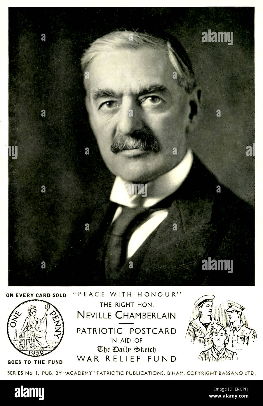 Neville Chamberlain, ritratto sulla cartolina. Cartolina patriottica in aiuto della quotidiana guerra Sketch Relief Fund. "In ogni scheda Foto Stock