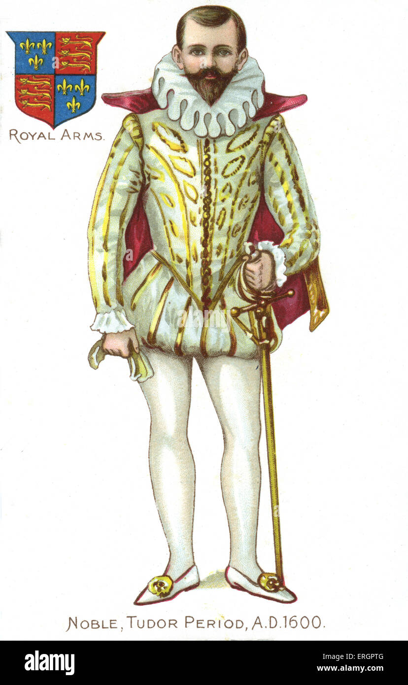 Tudor costume nobile, 1600. Nobile inglese indossando un doppietto imbottito con sottolineato alla cintura e a breve pantaloni imbottiti, un mantello e Foto Stock