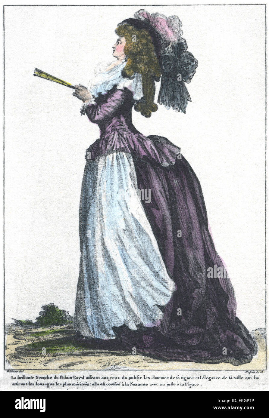 Cortigiana del palazzo di Luigi XVI. Vista laterale della donna nella corte francese vestito da 1781, indossa un mantello completo (più probabile Foto Stock