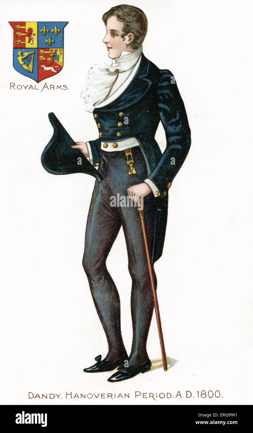Inglese dandy 1800. Uomo in tipico "andy' fashion, indossando un oro abbottonato Giacca in velluto e portante una canna e una tricorned Foto Stock