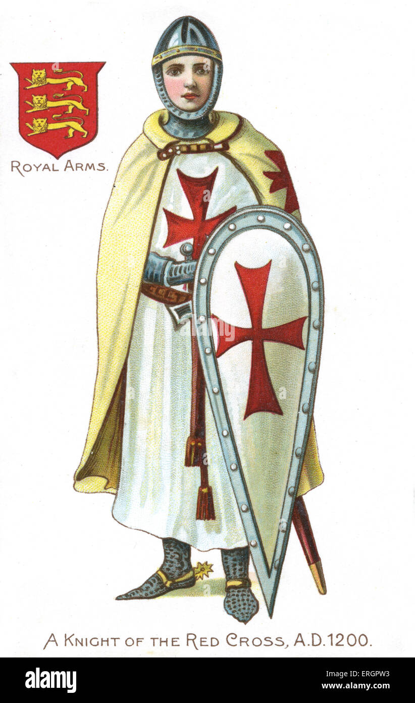 Cavaliere della Croce Rossa / Cavalieri Templari, 1200. Soldato medievale delle crociate, che indossa un capo, vestaglia e scudo ornato con Foto Stock
