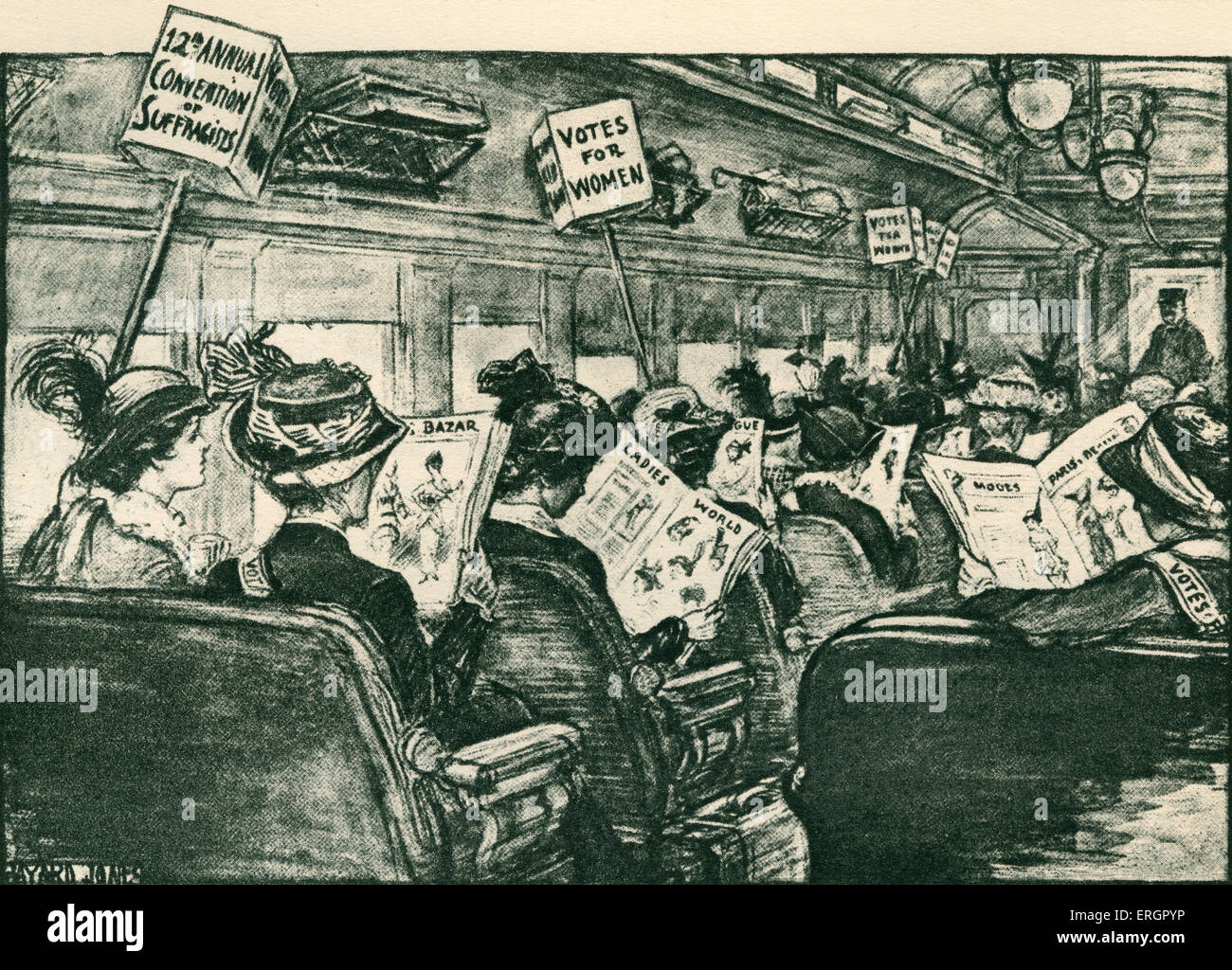 Gruppo di suffragettes viaggiando su un autobus per il "XII convegno annuale di Suffragettes'. Le donne portano cartelloni dichiarando Foto Stock