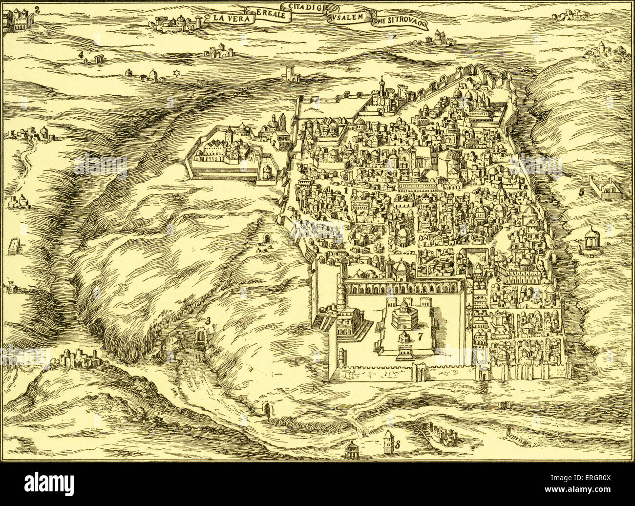 Piano di Gerusalemme c.1600 Mappa della città mostra: 1- Quartiere Ebraico, 2- Betlemme, 3- piscina di Siloe, 4- tomba di Rachele, 5- tomba Foto Stock