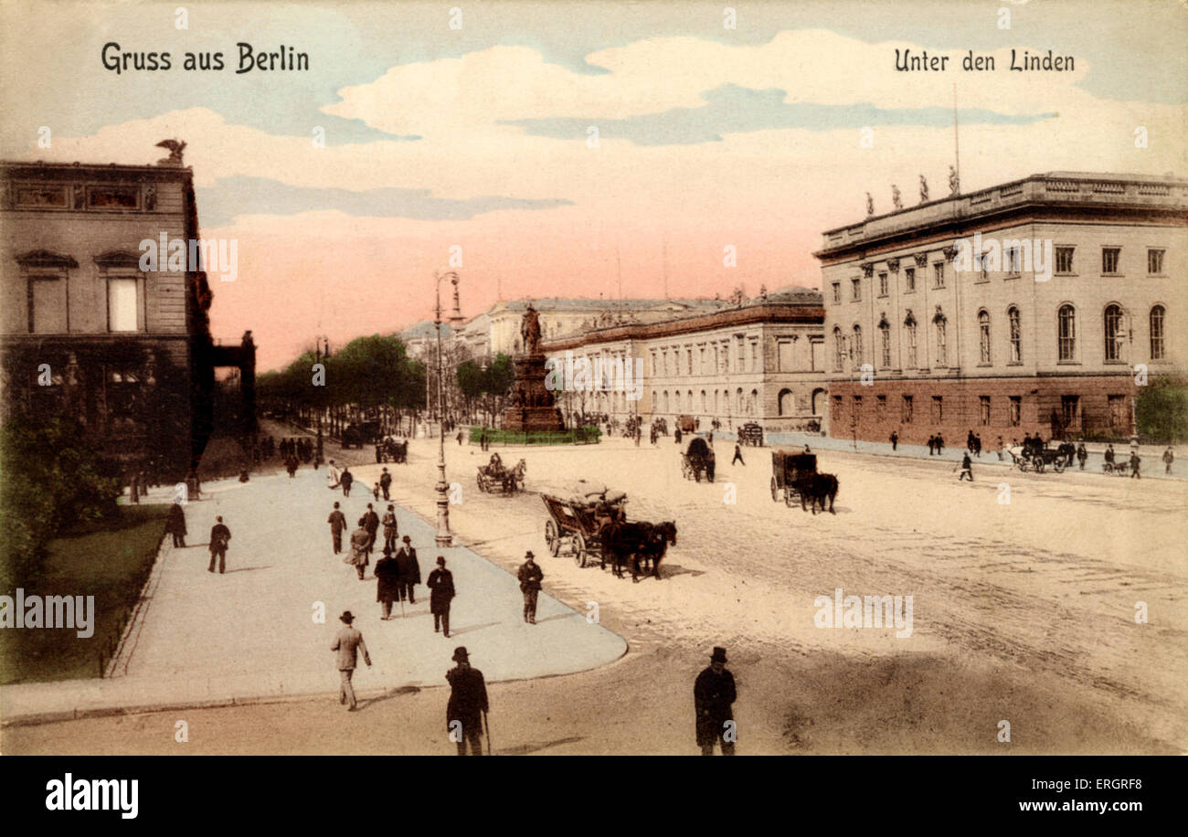 Berlino alla fine del ventesimo secolo. Il viale Unter den Linden e l'Opera House a destra. Scena di strada. Foto Stock