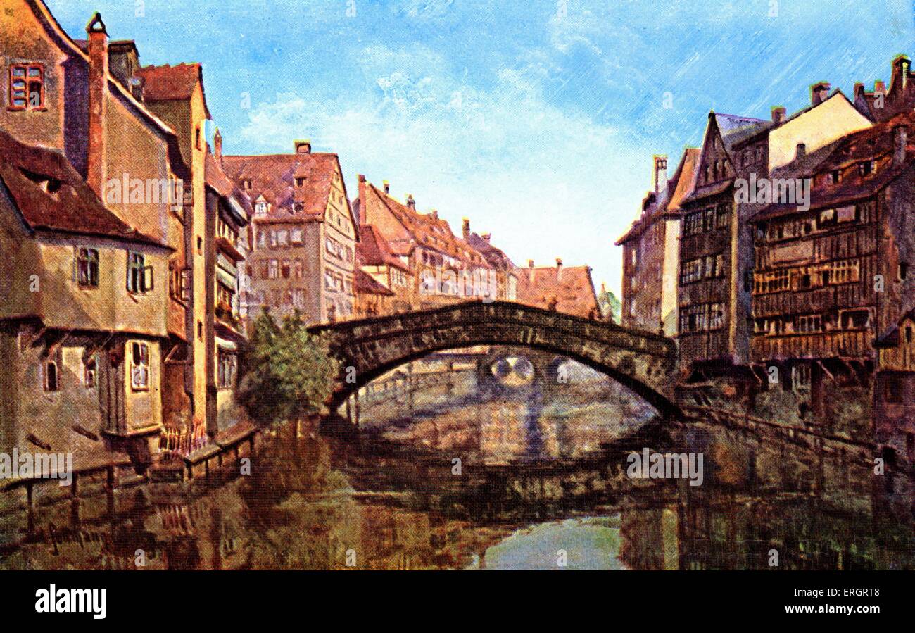 Norimberga / Nurnberg, vista da cartolina bridge - Fleischbrucke, Foto Stock
