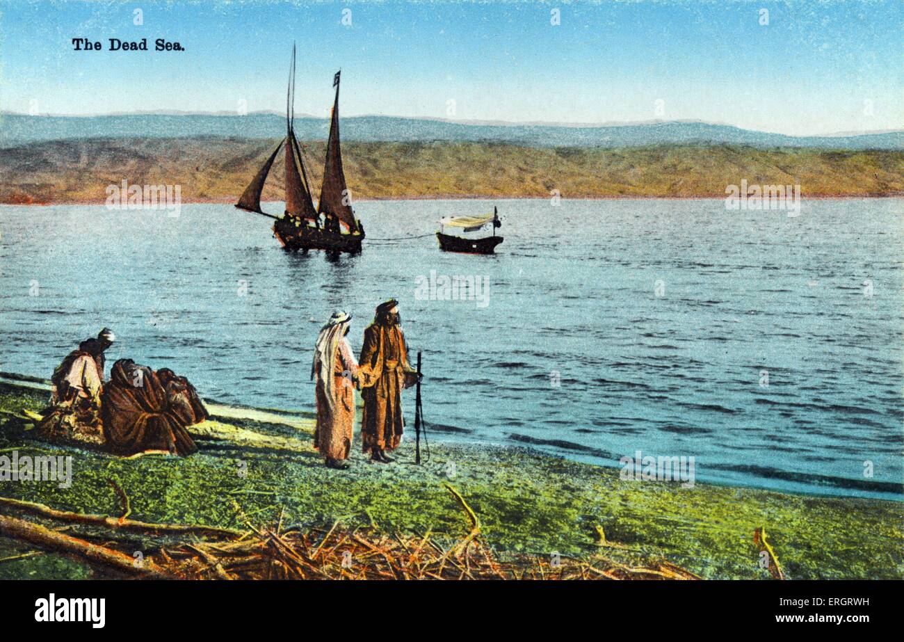 Il Mar Morto. Cartolina di inizio Novecento con singolo battello Foto Stock