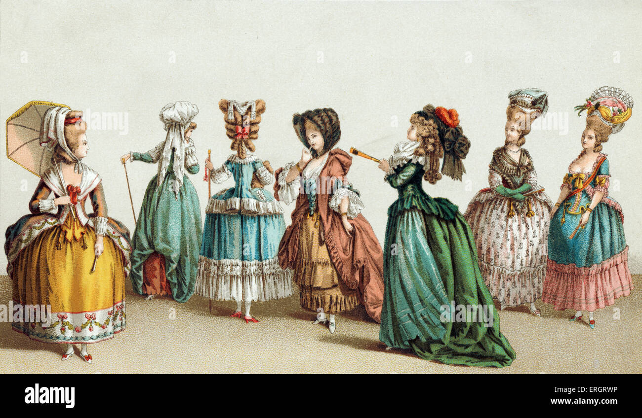 Francese del xviii secolo ladies' moda e stili di capelli durante il regno di Luigi XV. Foto Stock